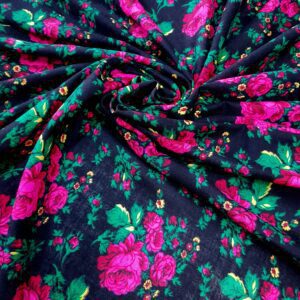Țesătură pentru port popular neagră cu bujori roz