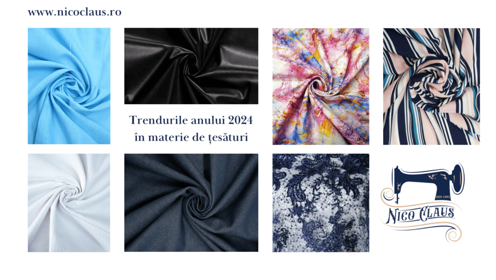 Un colaj care prezintă diverse modele de țesături pentru tendințele din 2024. Șapte mostre de țesături învolburate includ albastru, negru, abstract multicolor, dungi, alb, albastru închis și un imprimeu floral albastru. Sunt prezentate site-ul web „www.nicoclaus.ro” și sigla „Nico Claus”. Text: „Trendurile Anului 2024 în Materiale Textile. Nico Claus. Magazinul tău online de țesături și materile textile, accesorii și decorațiuni.