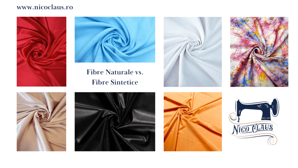 Un colaj care compară diferite tipuri de țesături. Imaginile prezintă țesături roșii, albastre, albe, multicolore, bej, negre și portocalii. Textul citește „Fibre Naturale vs. Fibre Sintetice” și „Trendurile Anului 2024 în Materiale Textile”. Este afișată și sigla Nico Claus cu o mașină de cusut. Nico Claus. Magazinul tău online de țesături și materile textile, accesorii și decorațiuni.